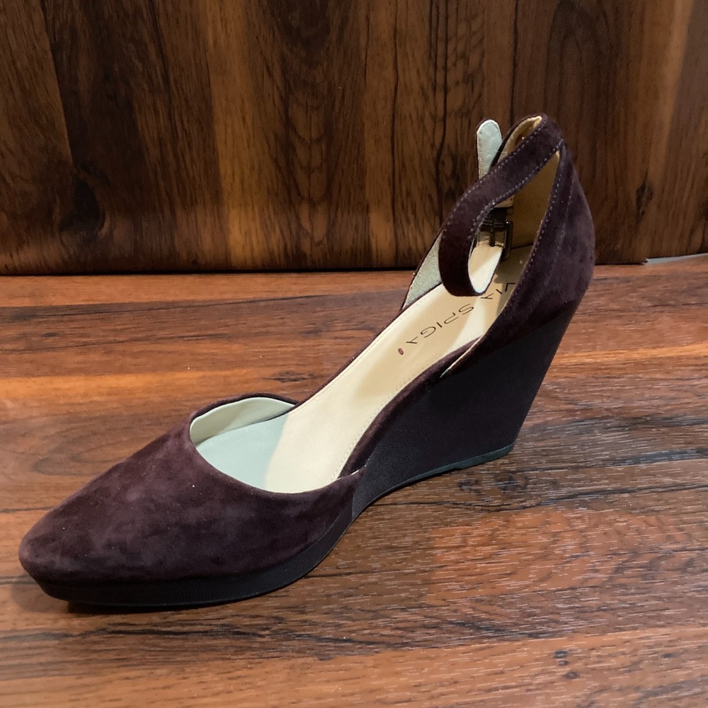 Via Spiga Wedge Pumps Womens 8 Burgundy Suede Ankle Strap Pointed Toe Vintage